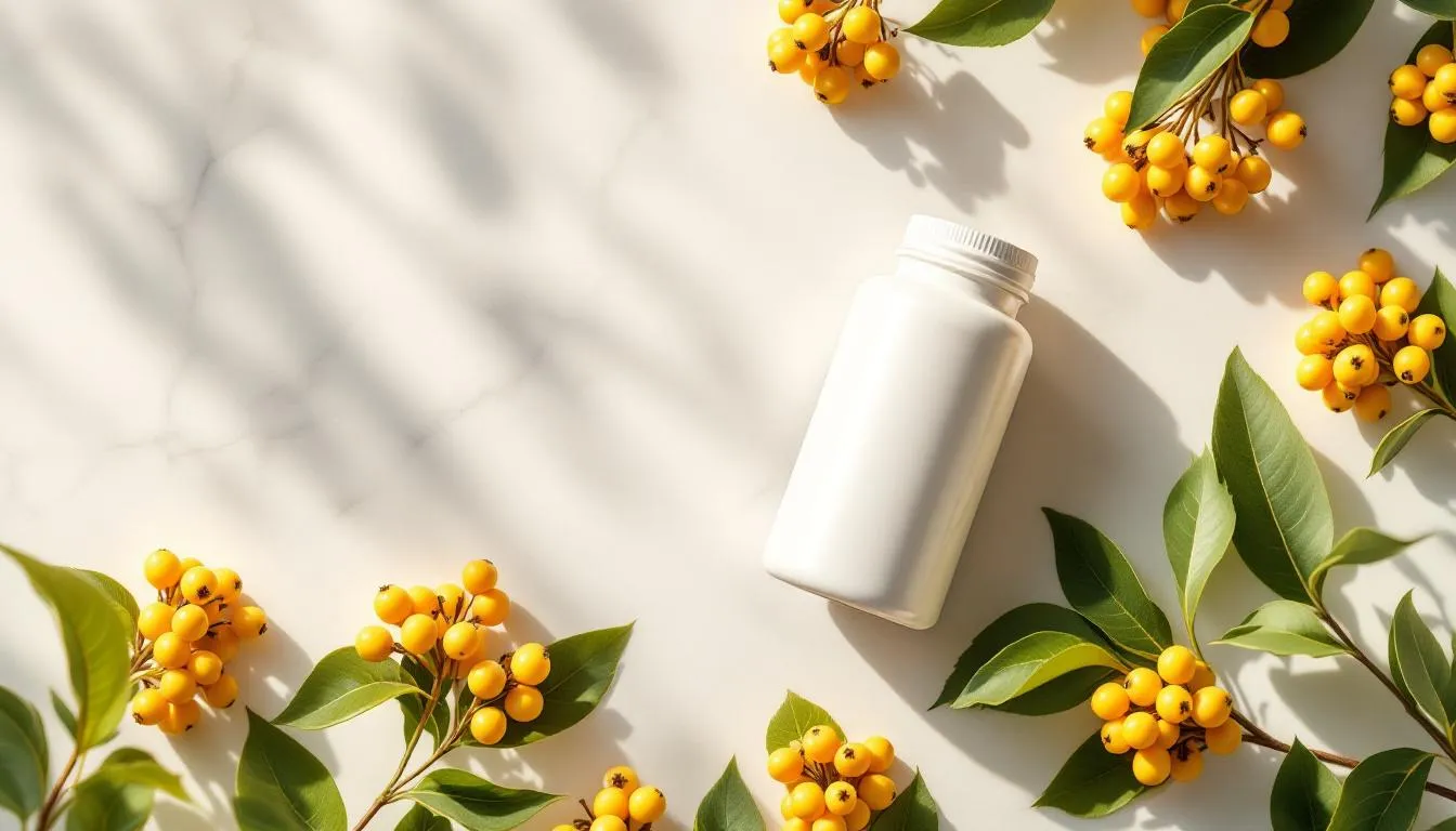 Yellow barberry berries and green leaves on white marble surface for health supplement review