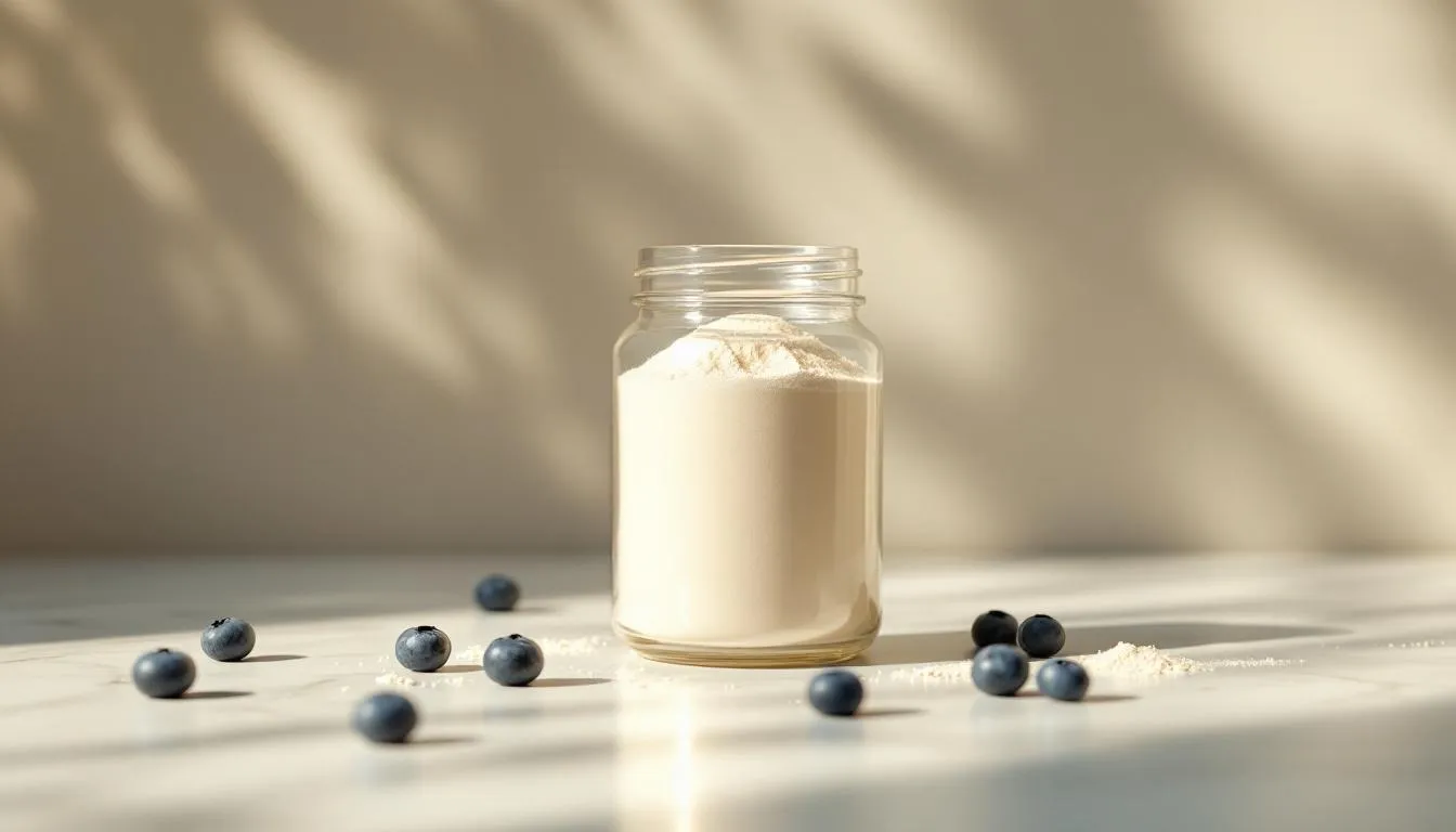 Glass jar of creatine monohydrate supplement with fresh blueberries on marble surface