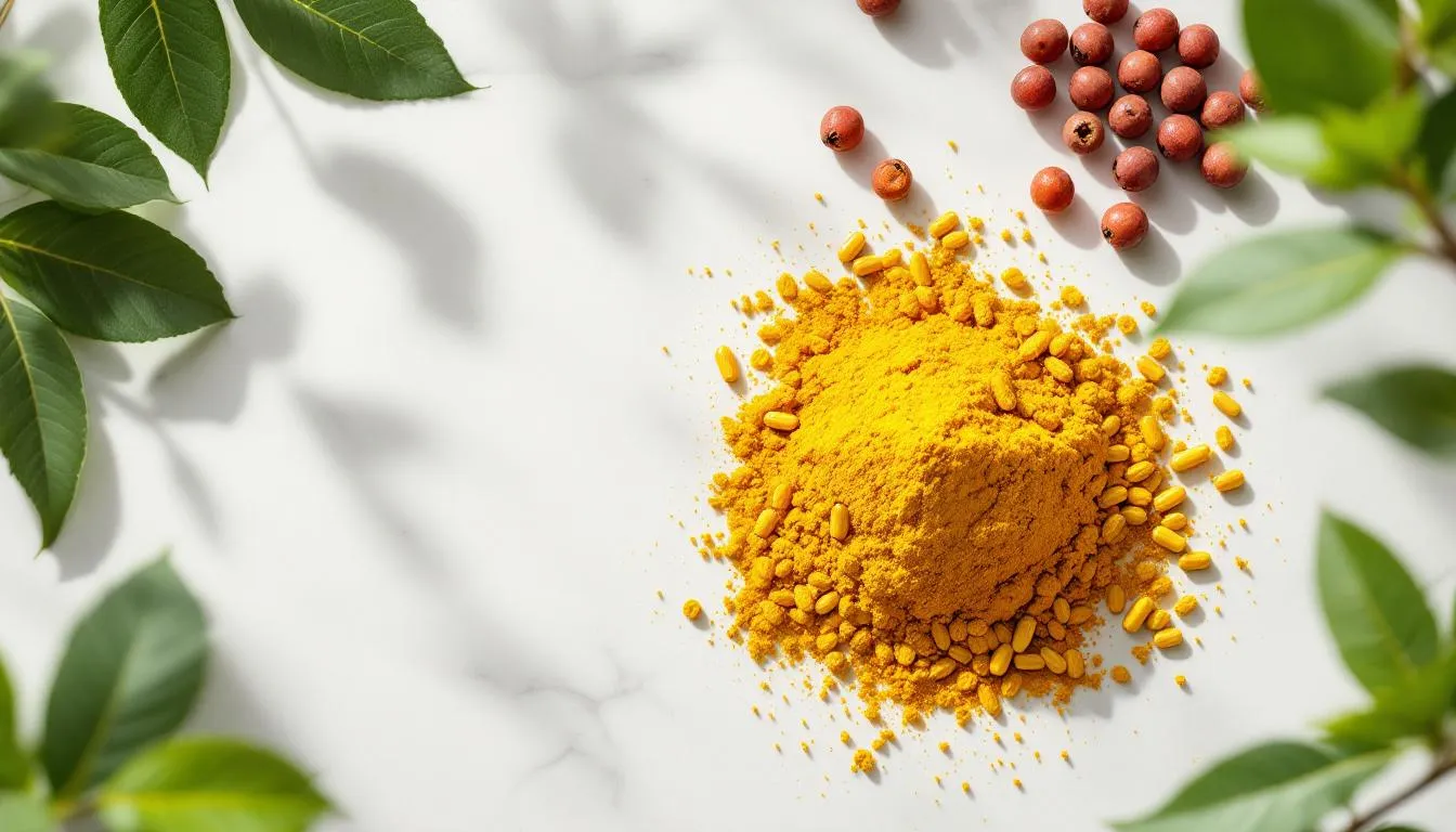 Premium berberine capsules and herbal supplements on marble surface