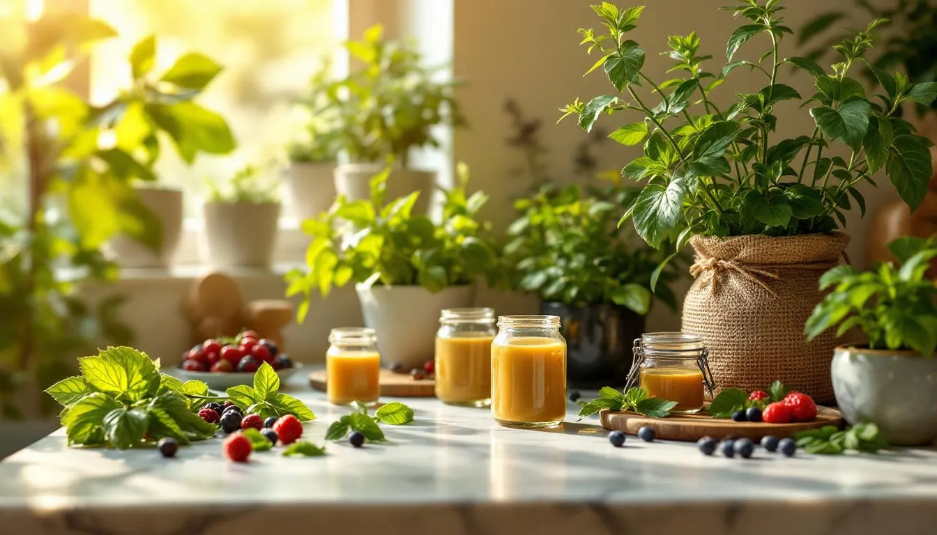 Premium health supplement capsules arranged on marble surface with botanical elements