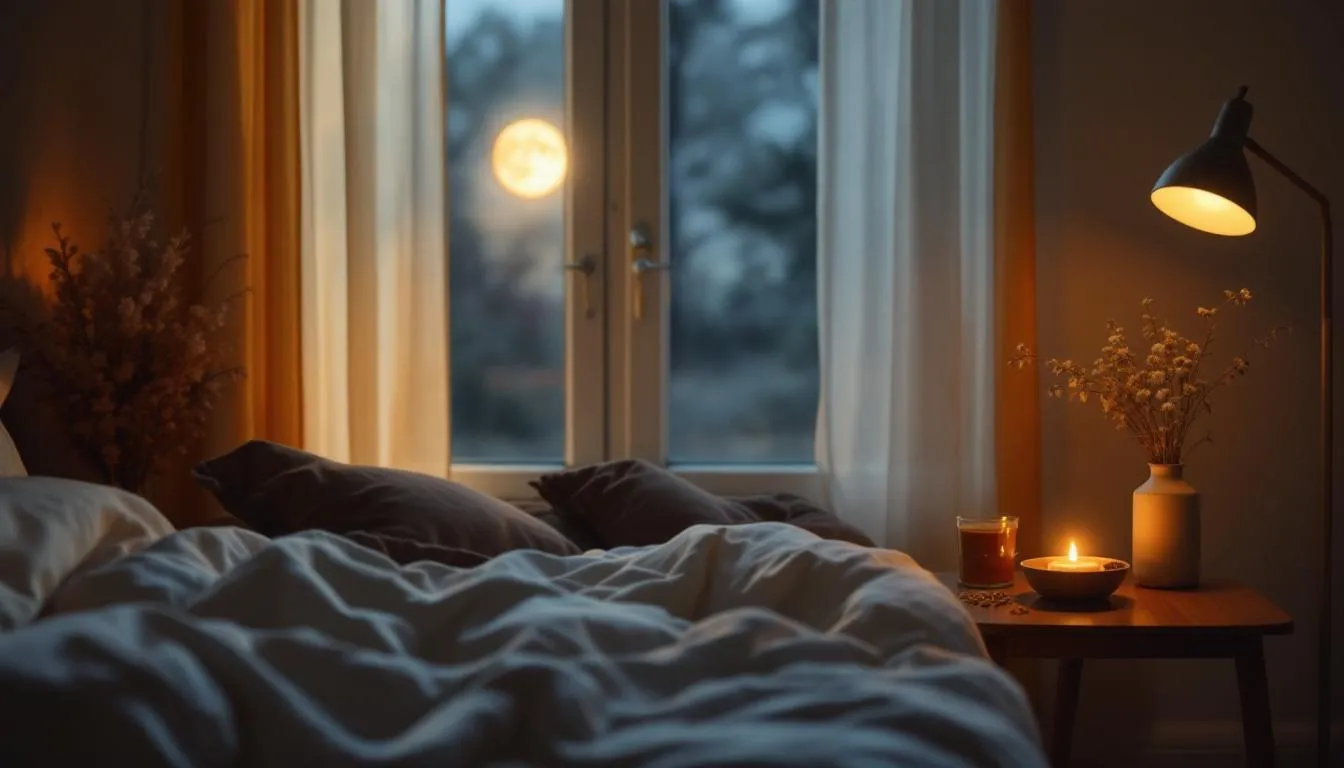 Serene nighttime scene with chamomile tea and dried herbs on a nightstand, soft lamplight, sleep wellness aesthetic