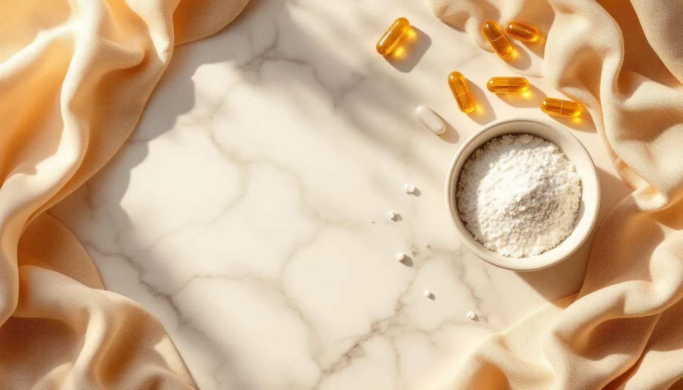 Metabolic health supplements on a clean marble surface with warm lighting
