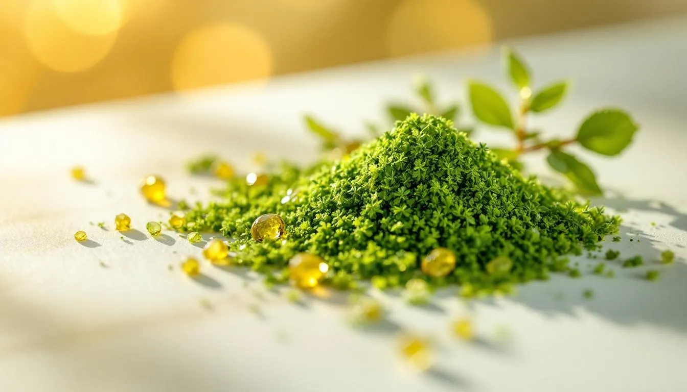 Scientific visualization of berberine plant extract and chromium minerals on white surface