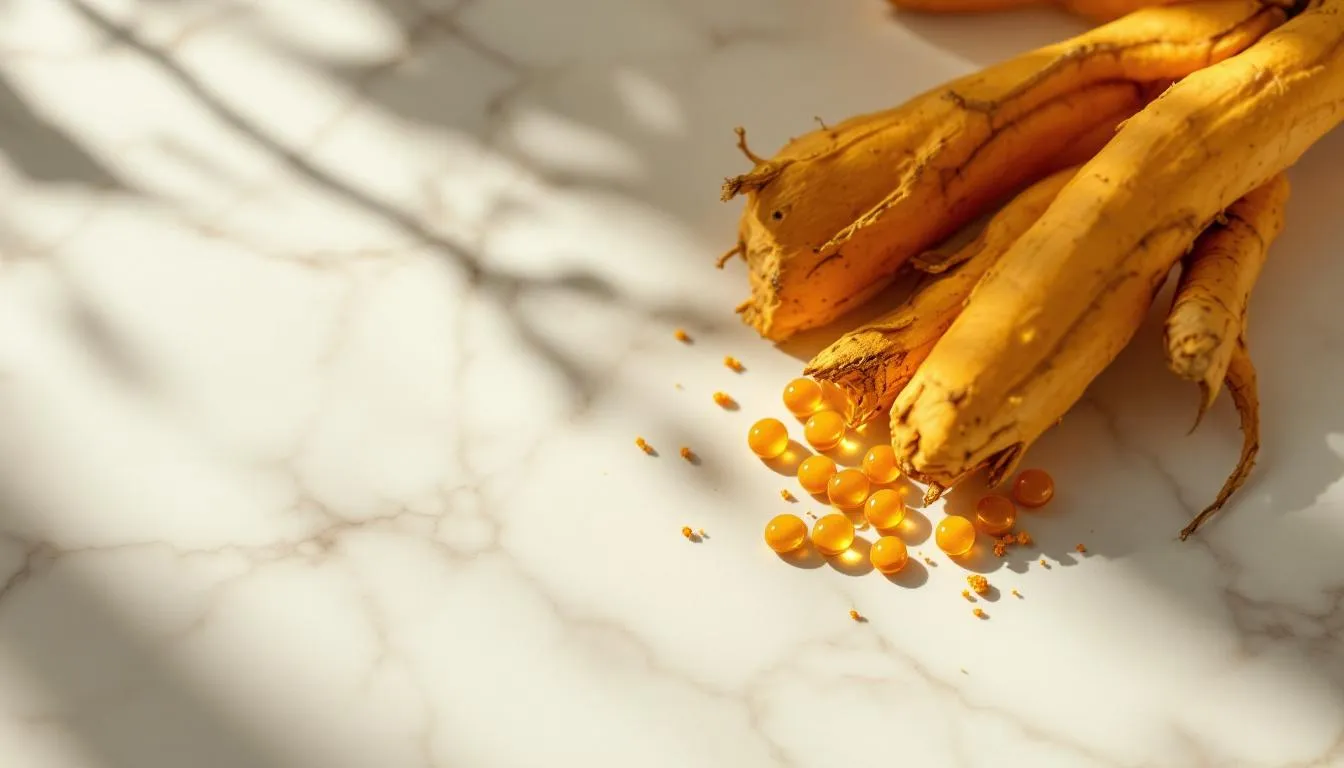 Golden turmeric root and curcumin capsules on a marble surface