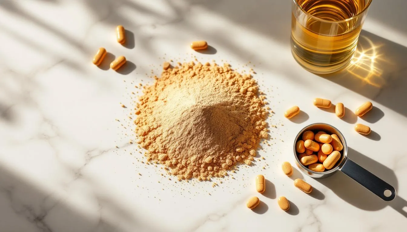 Creatine powder and supplement capsules on a clean marble surface