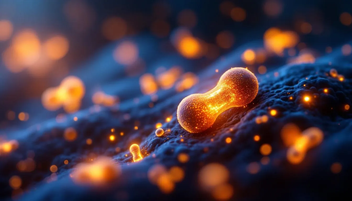 Abstract visualization of glowing mitochondria with warm golden and blue bioluminescent energy in cellular space