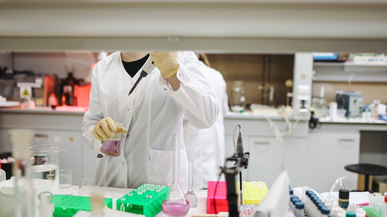 Research laboratory setting with molecular science visualization