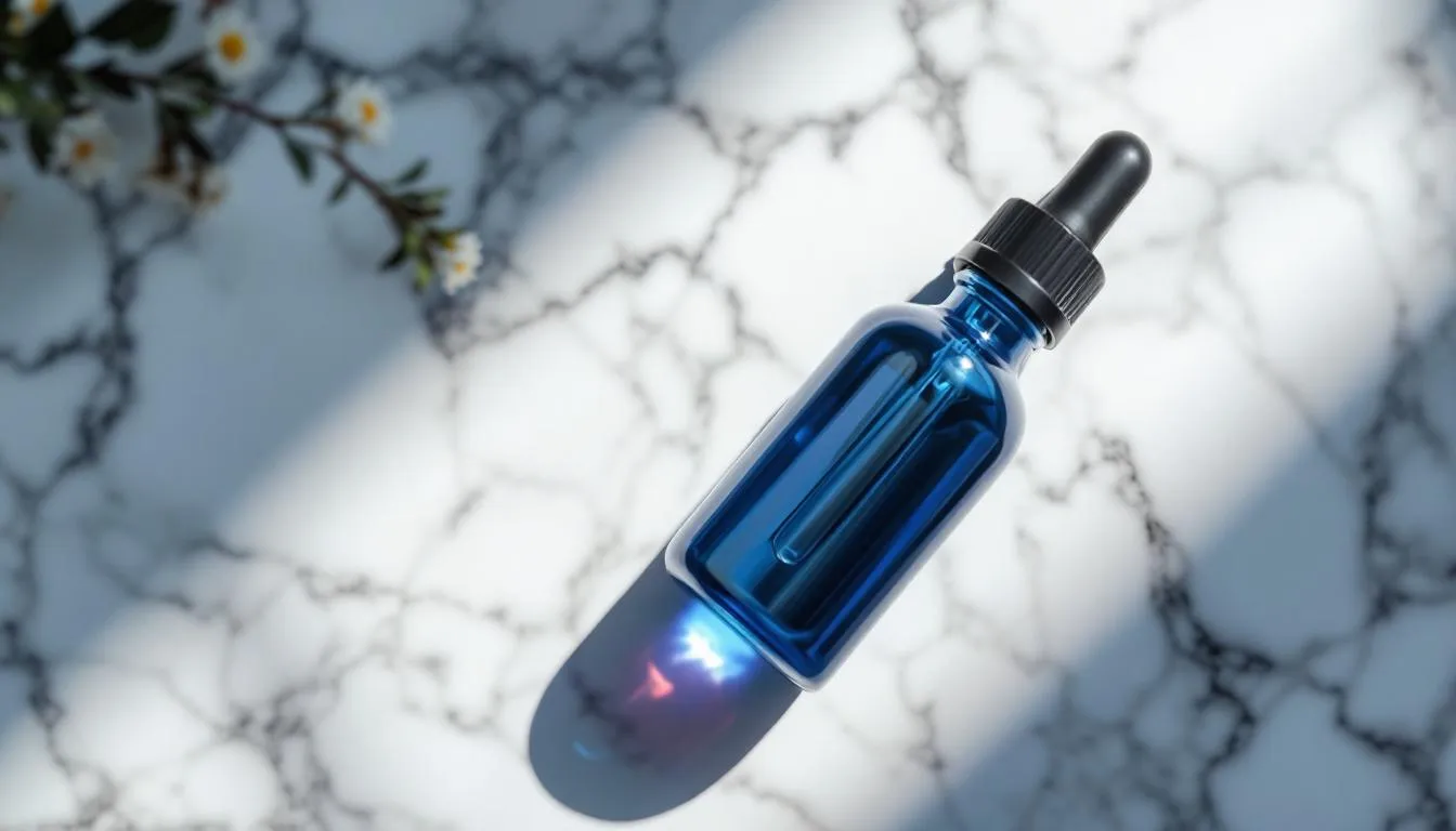 Glass dropper bottle with blue liquid and measuring pipette on marble surface