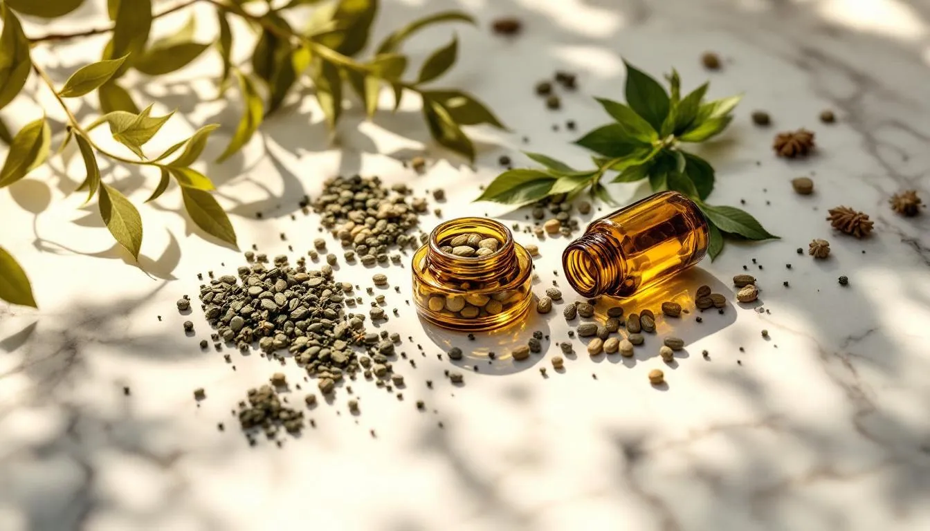 Amber glass supplement bottles and herbs arranged on a white marble surface