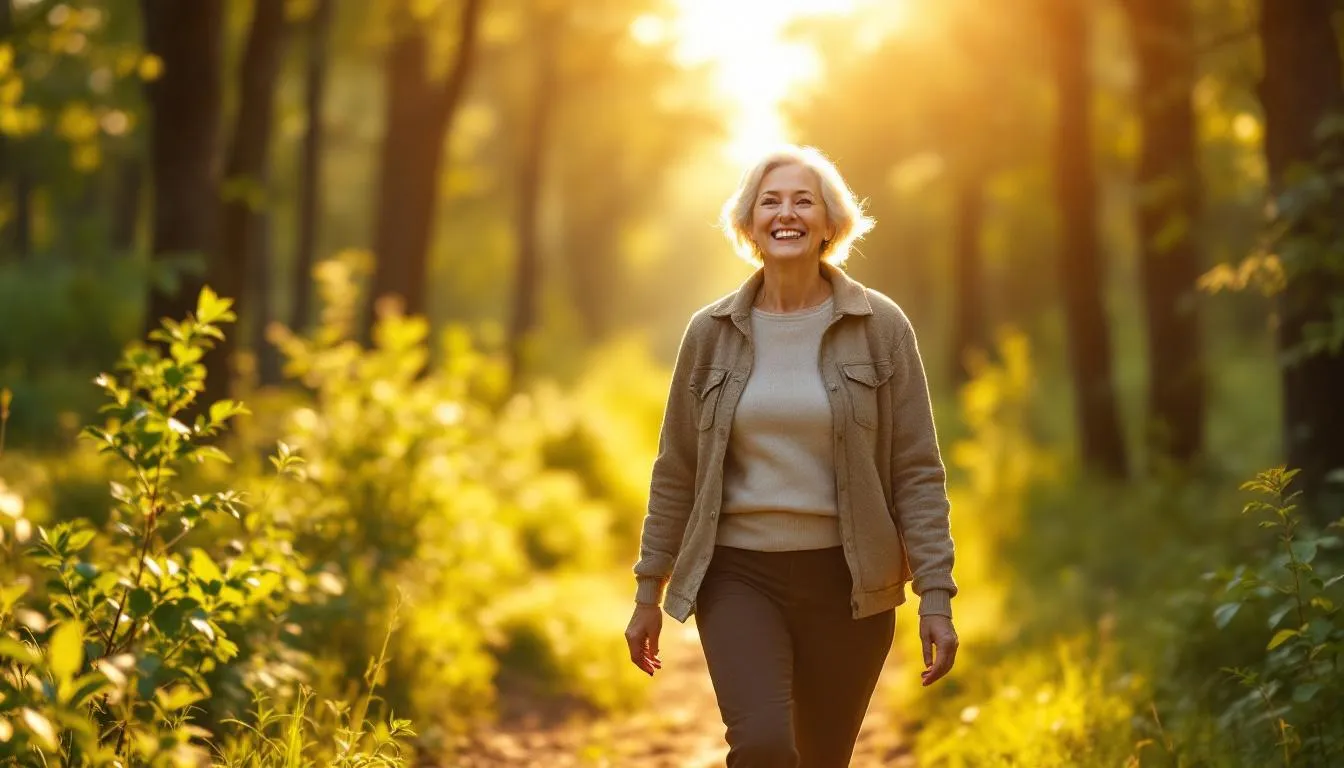 Woman walking in golden morning light through a forest trail, active and healthy