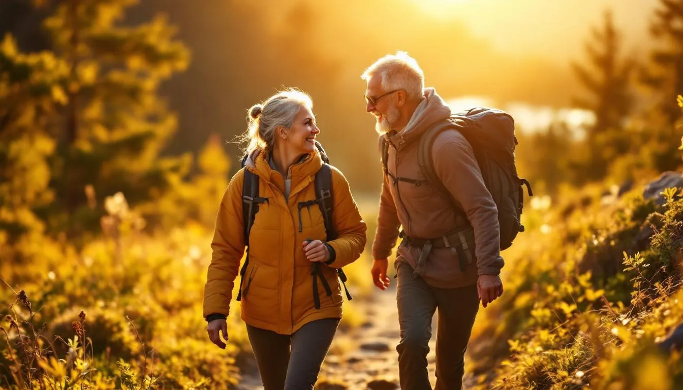 Active couple hiking in mountain sunlight representing vibrant longevity and health
