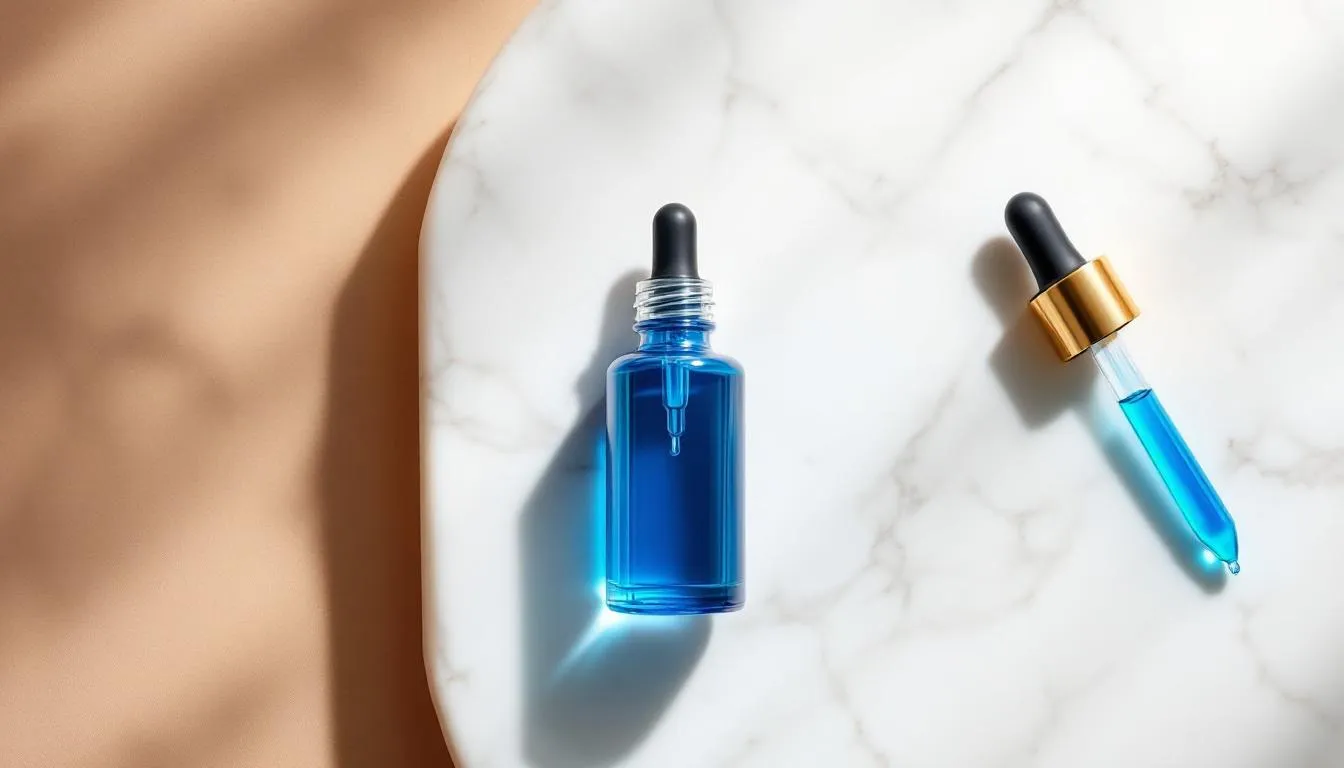 Pharmaceutical methylene blue dropper bottle on marble surface with blue liquid droplets