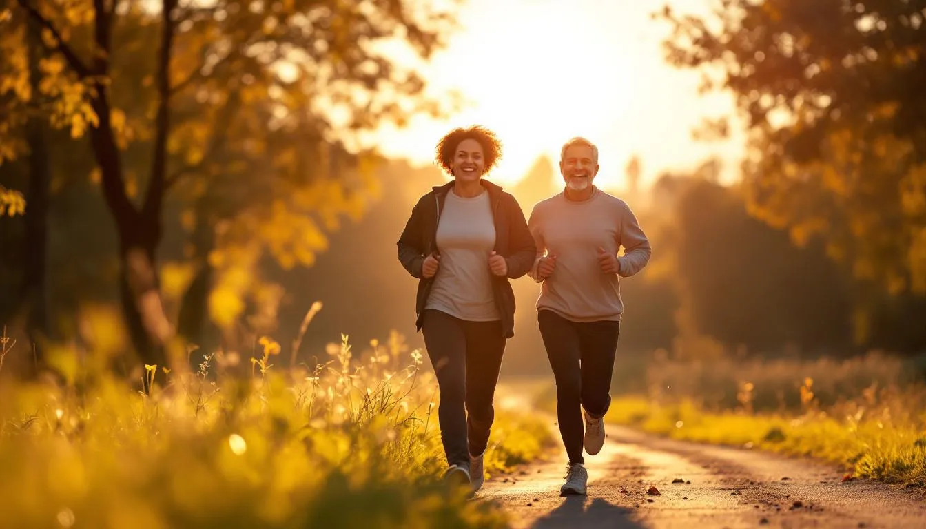 Active older couple jogging through a park in warm golden morning light