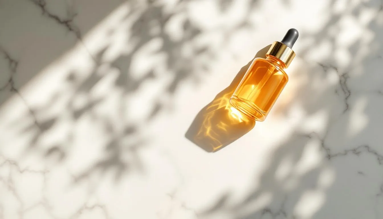 Small amber dropper bottle of liquid vitamin D3 K2 supplement on a marble surface with warm sunlight