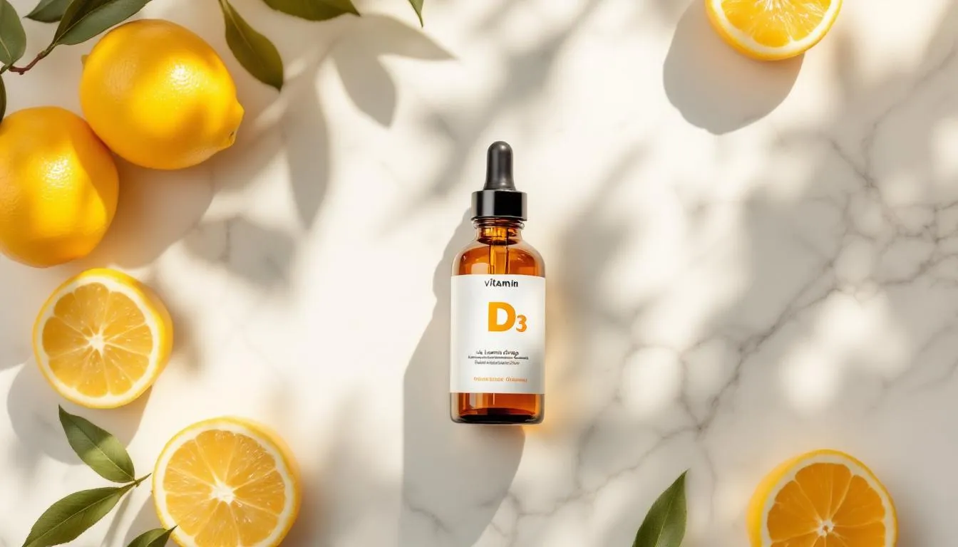 Liquid vitamin D3 drops in amber glass bottle on marble surface