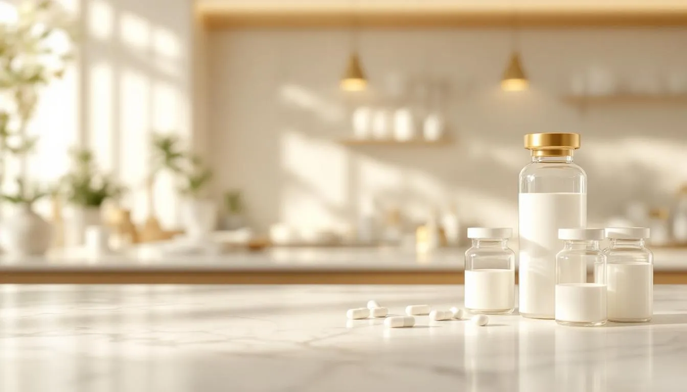 Pharmacy capsules and medicine vials on a clean lab counter