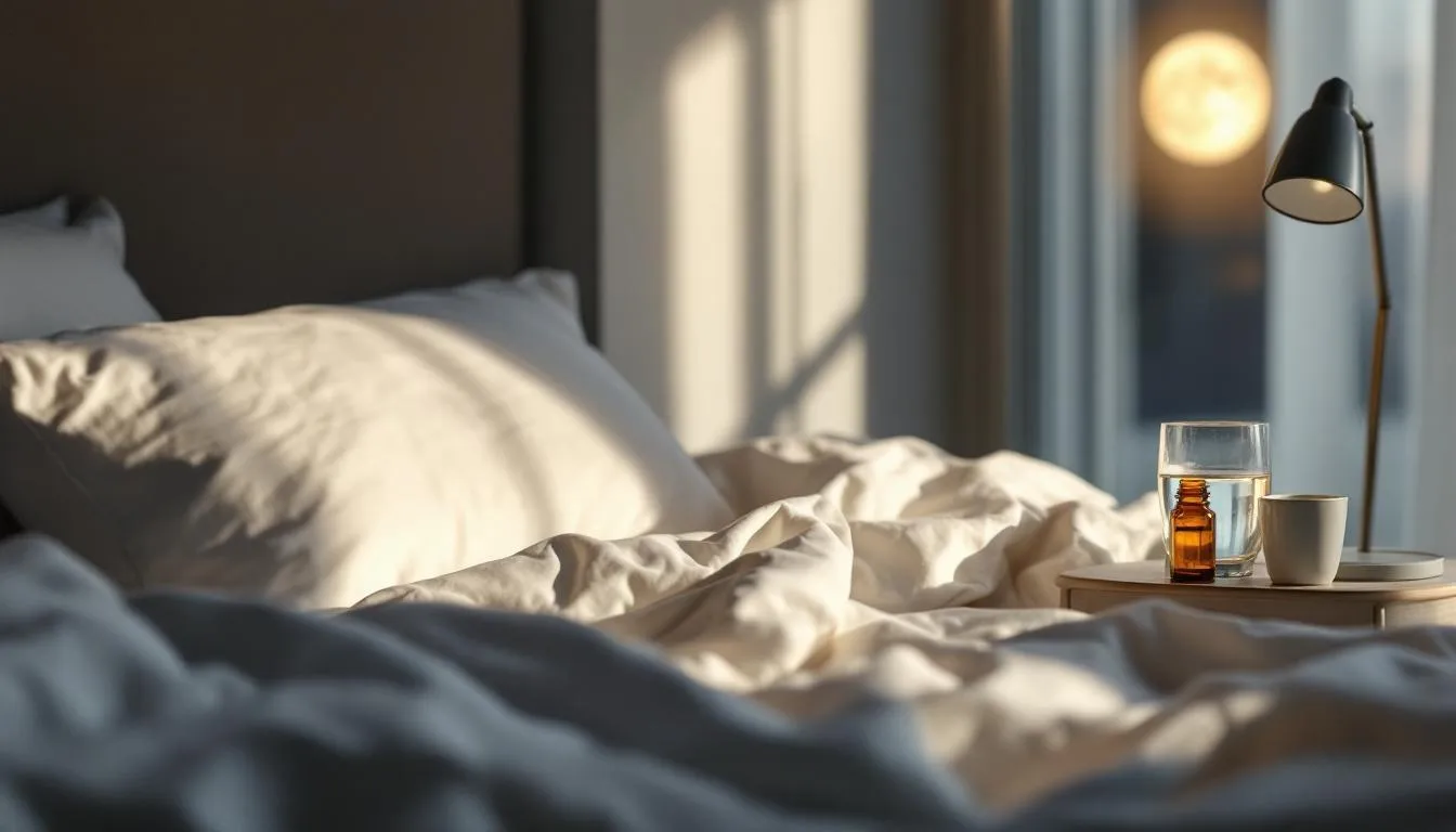 Serene bedroom at night with soft moonlight and a glass of water on the nightstand