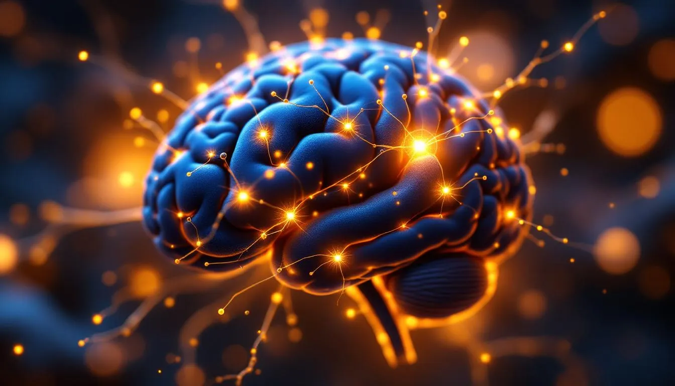 Scientific brain visualization showing neural connections and neurotransmitter pathways