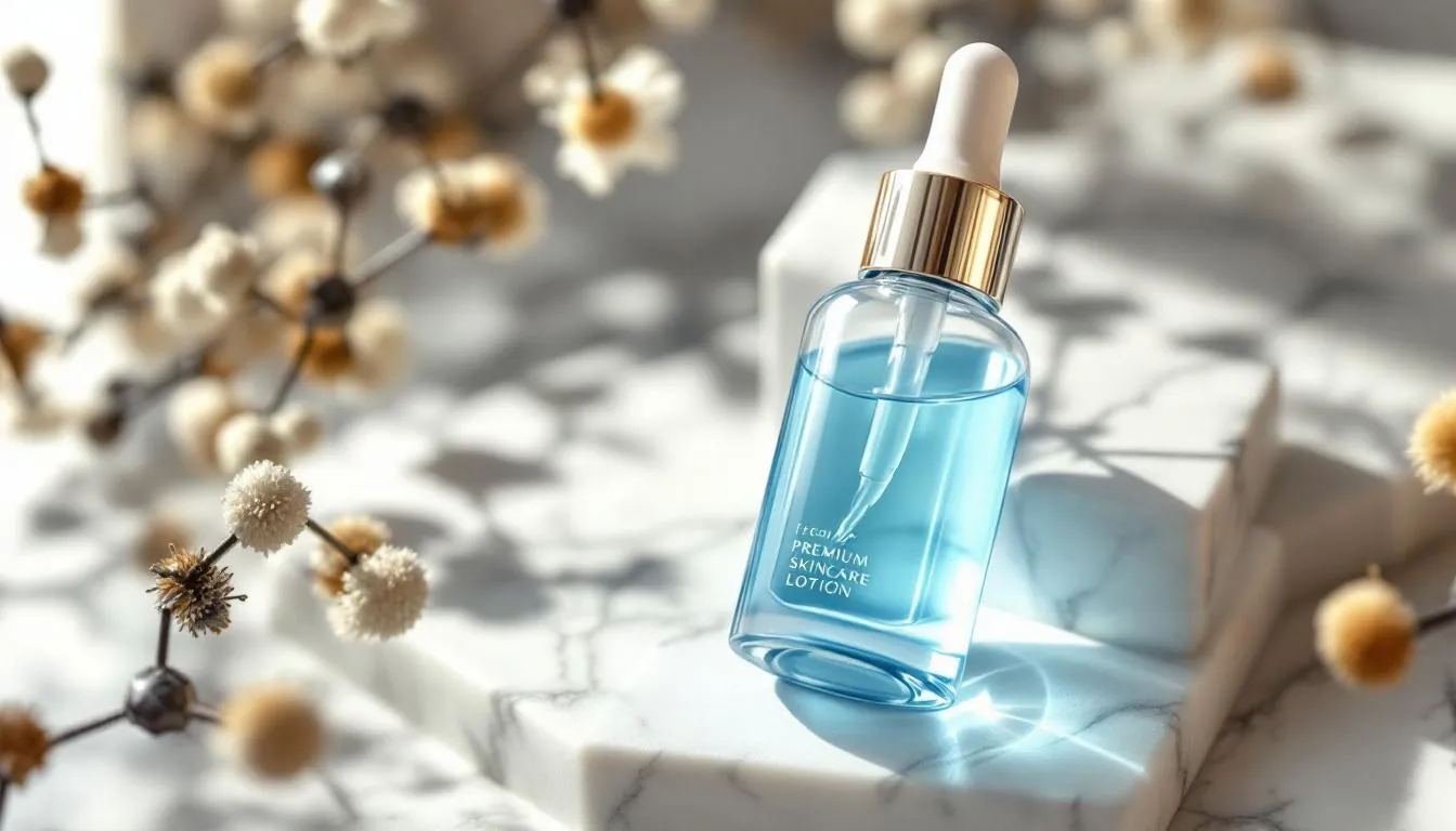 Elegant premium skincare lotion bottle on white marble surface with warm natural lighting