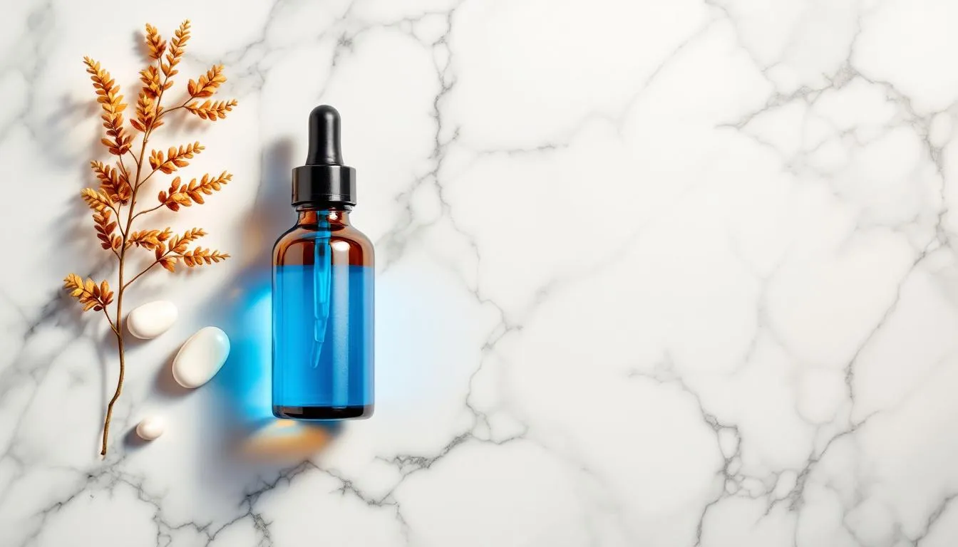 Supplement dropper bottles on a white marble surface in a clinical setting