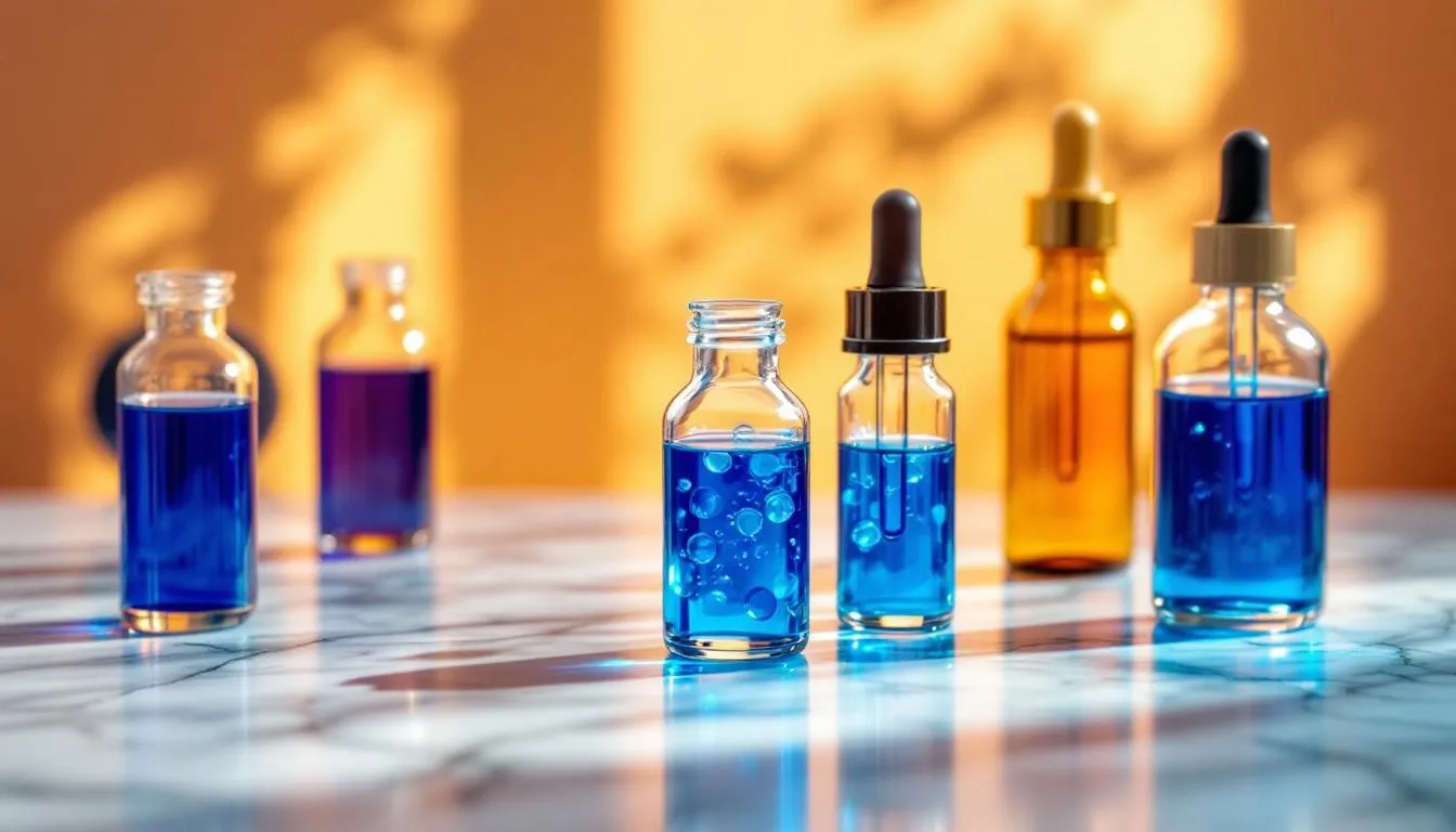 Pharmaceutical-grade methylene blue powder in a glass vial on white marble, with a precision scale