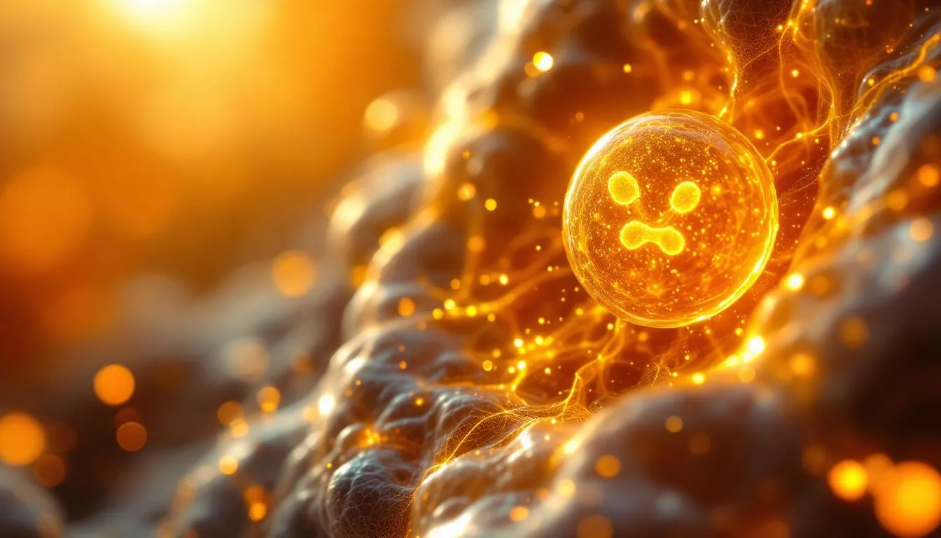 Scientific visualization of mitochondria glowing with warm golden energy inside a cell