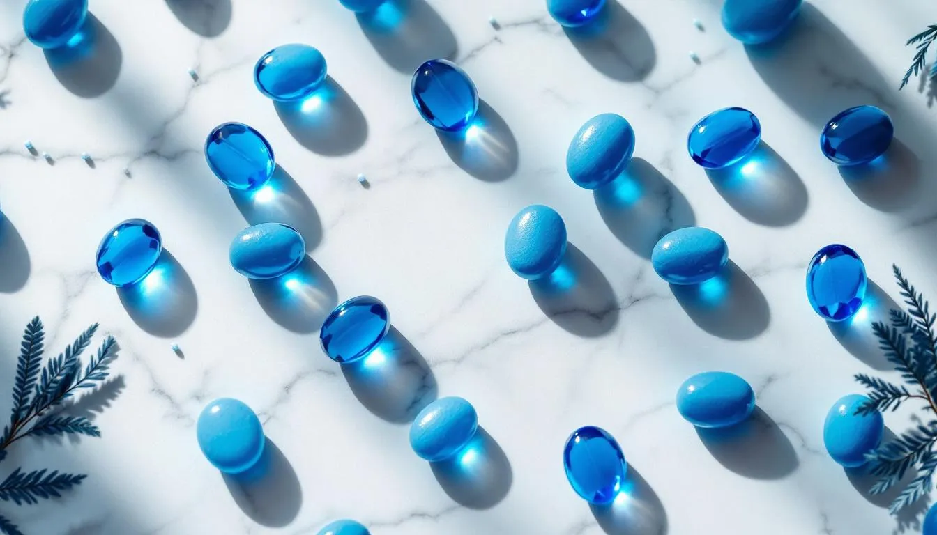 Methylene blue pharmaceutical troches and lozenges on clean white marble surface