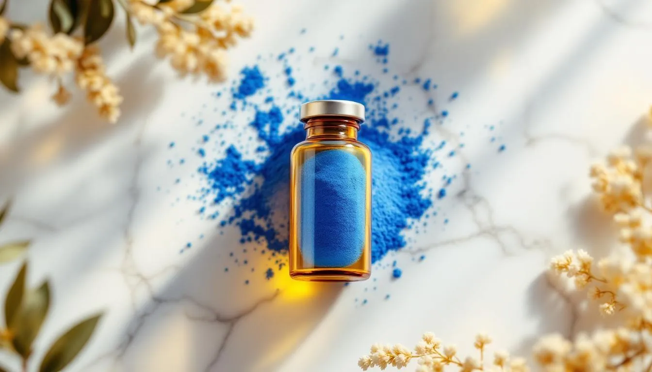 Pharmaceutical-grade methylene blue powder in amber glass vial on clean marble surface