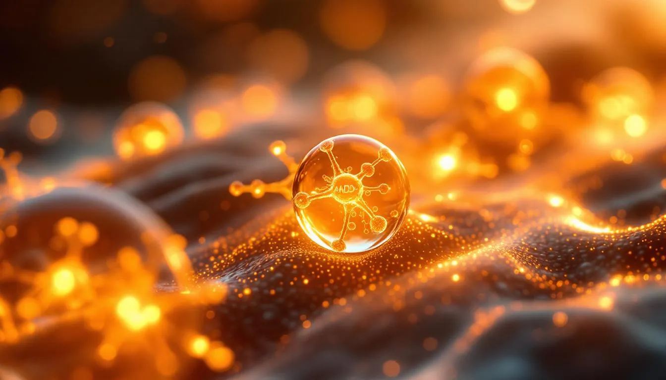 Scientific visualization of NAD+ molecules inside skin cells, warm golden light, anti-aging concept