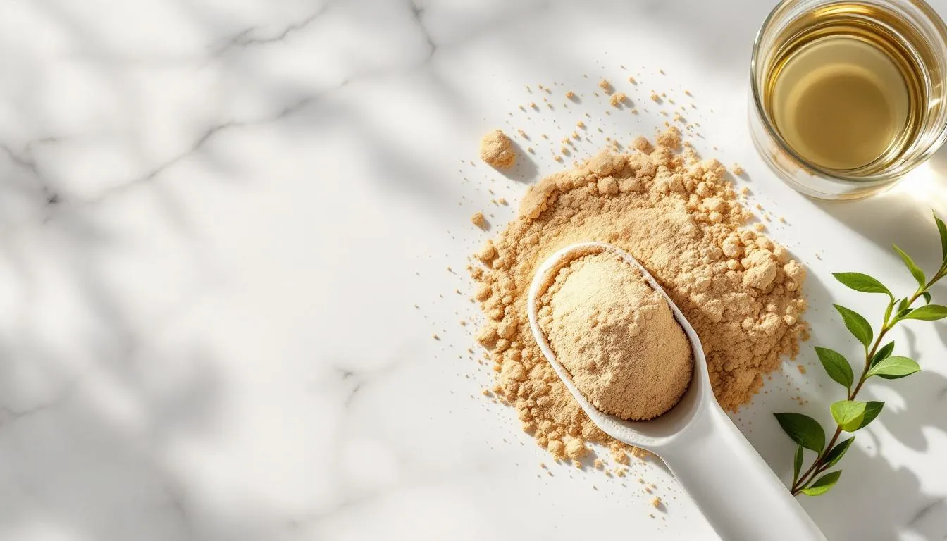 Premium creatine powder in a white scoop on a marble surface with water glass