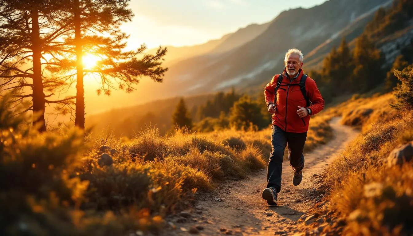 Vibrant healthy older man jogging on a mountain trail at sunrise