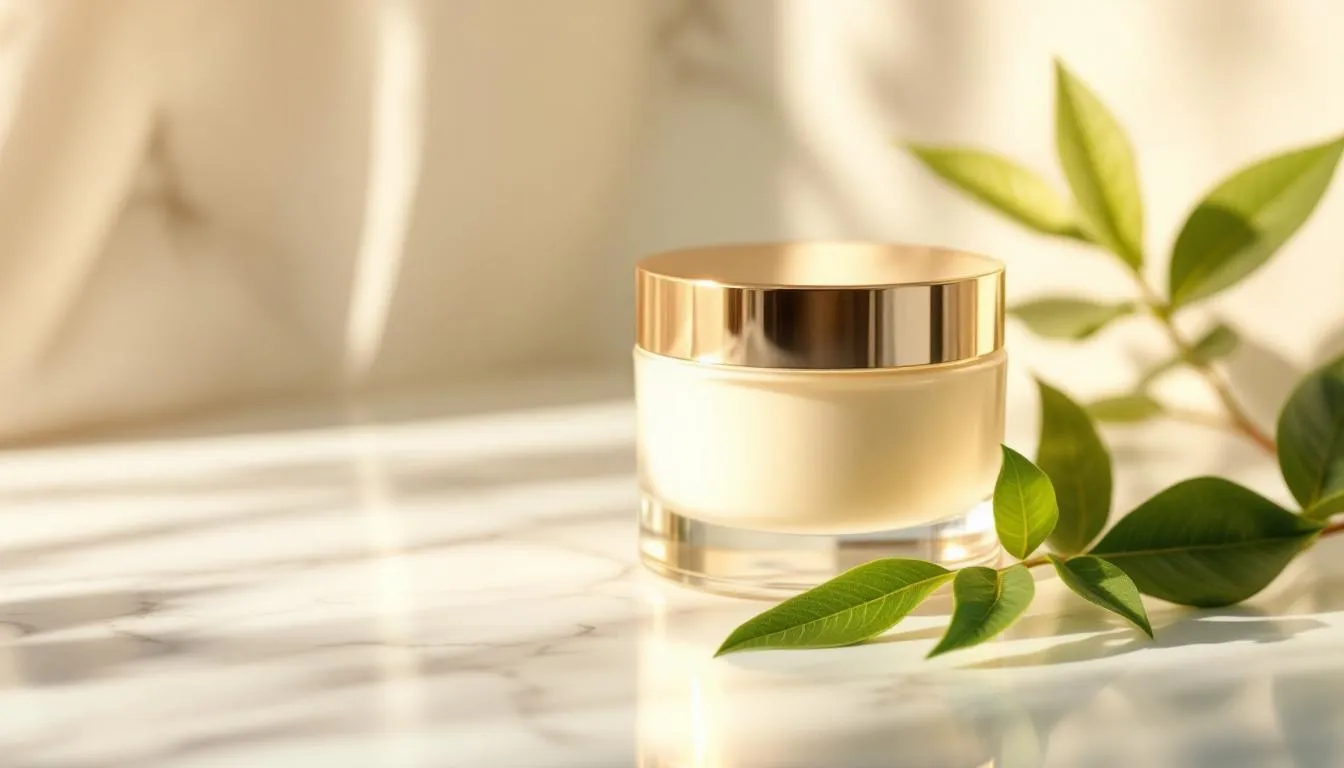 Luxurious skincare cream in glass jar on white marble surface, warm golden natural light