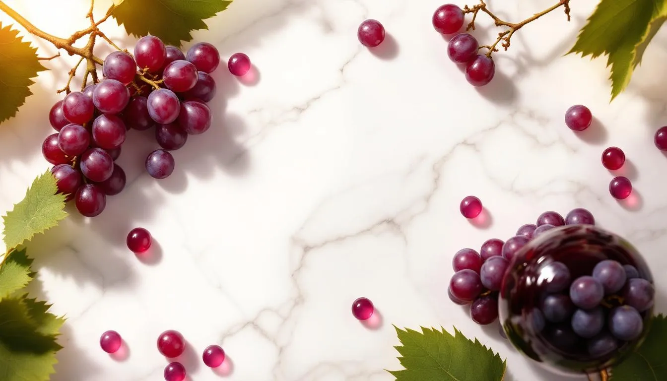 Deep red grapes alongside resveratrol supplement capsules on marble