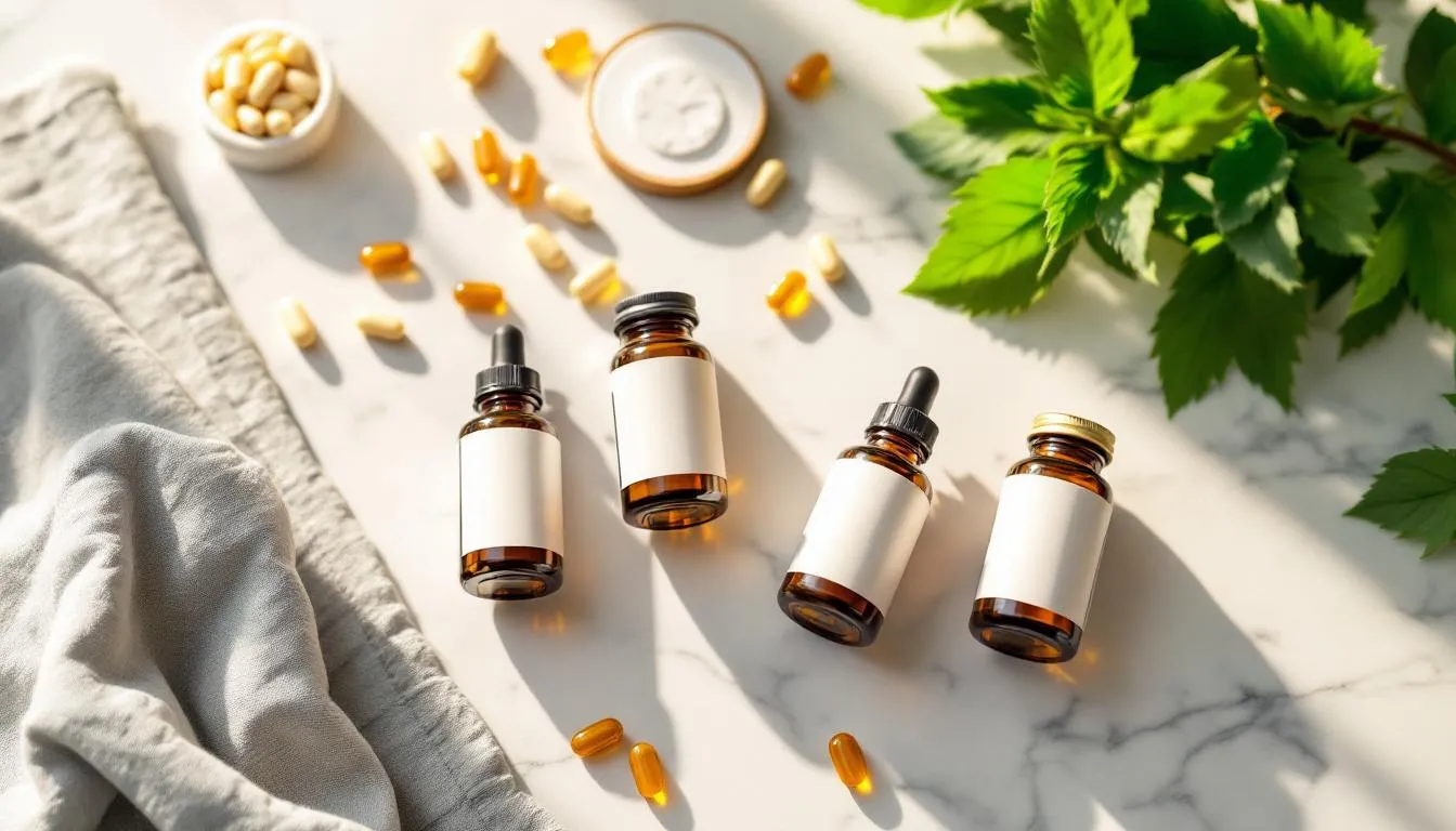 Longevity health supplements arranged on white marble surface with natural light