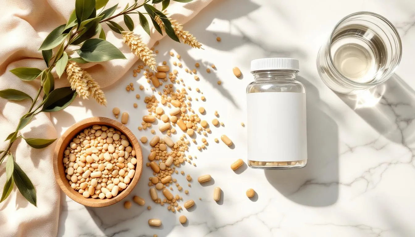 Longevity supplements and wheat germ in wooden bowl on white marble surface with soft warm lighting