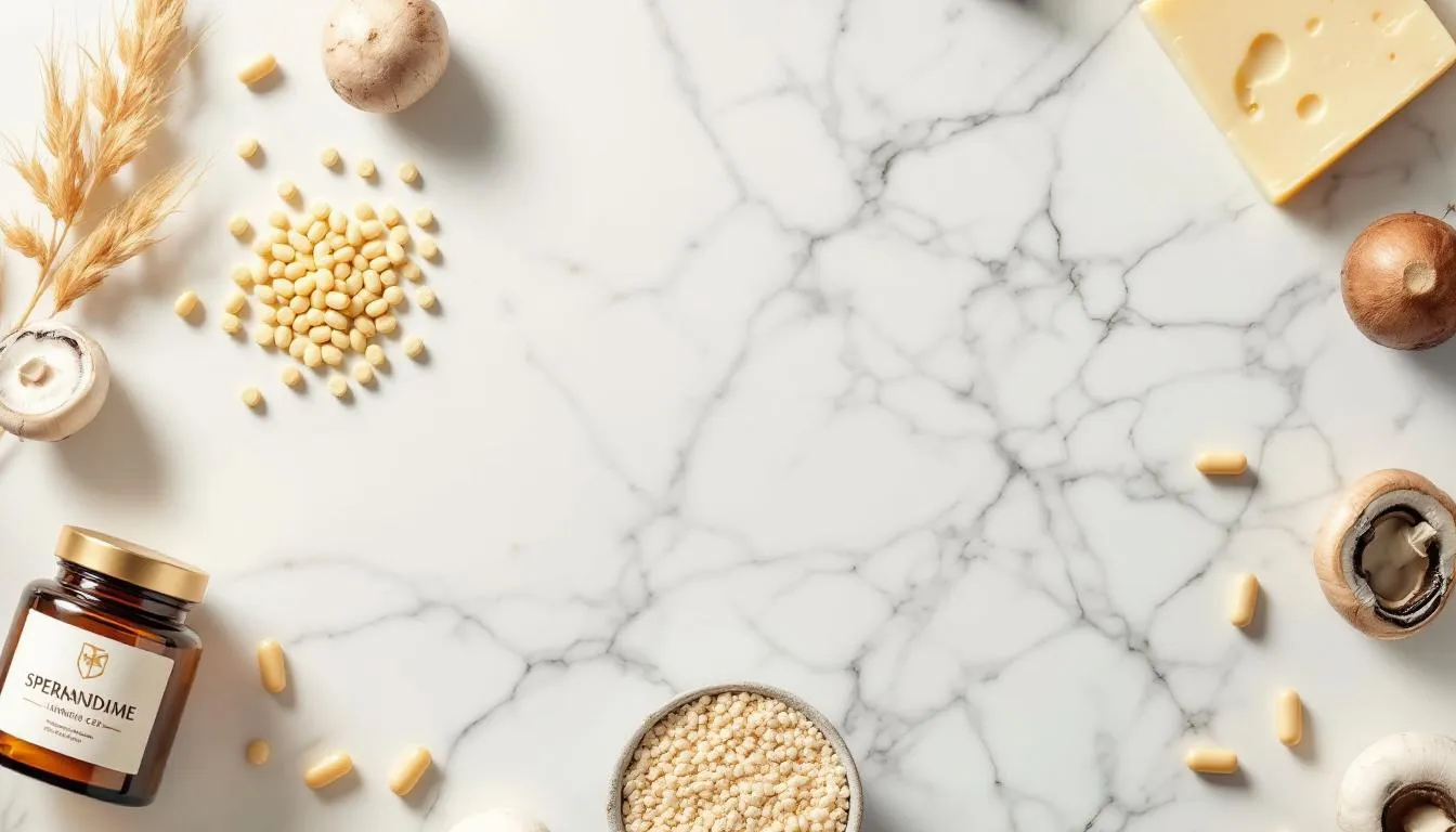 Longevity supplements and natural spermidine-rich foods arranged on white marble surface