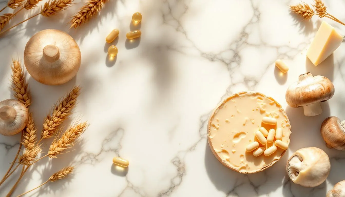 Wheat germ, mushrooms and supplement capsules as spermidine food sources on marble surface