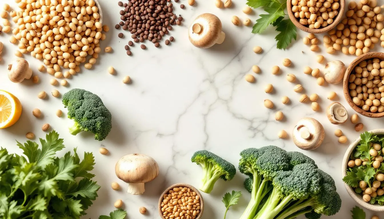 Spermidine-rich longevity superfoods on a marble surface
