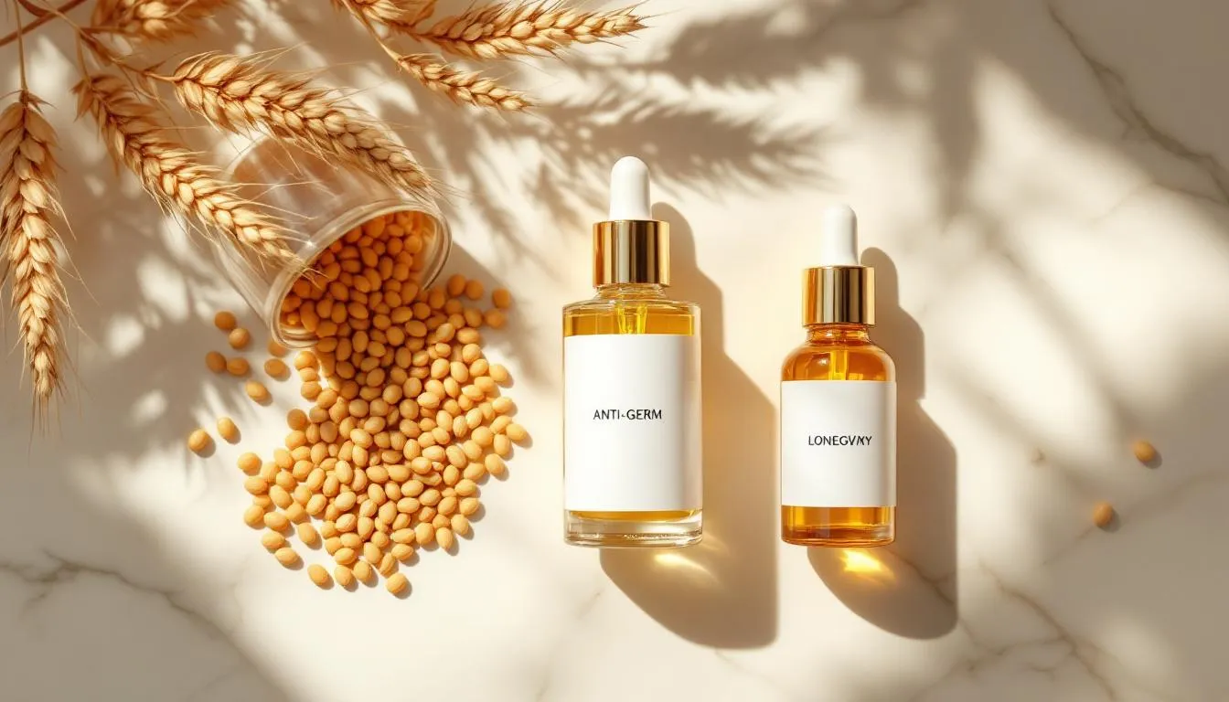 Elegant flat lay of anti-aging skincare and spermidine supplements on white marble surface