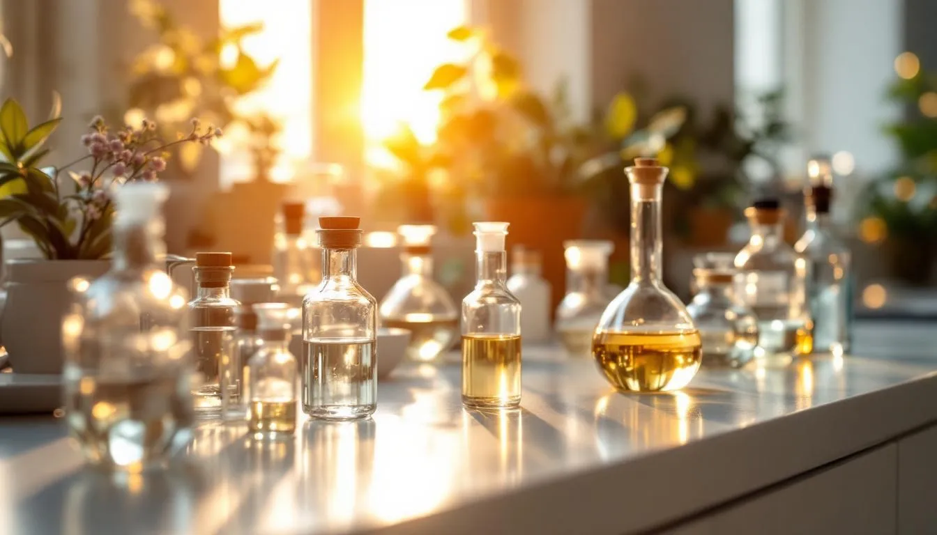 Scientific glassware and wellness laboratory setting with warm natural light