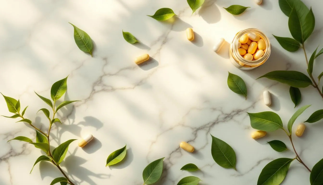 Green tea leaves and supplement capsules on a clean marble surface