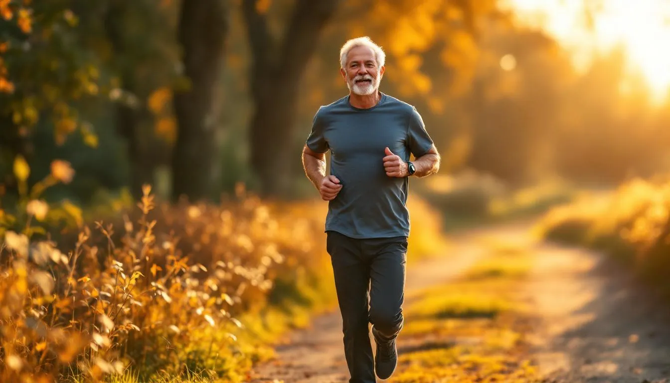 Healthy older man jogging outdoors in golden morning light