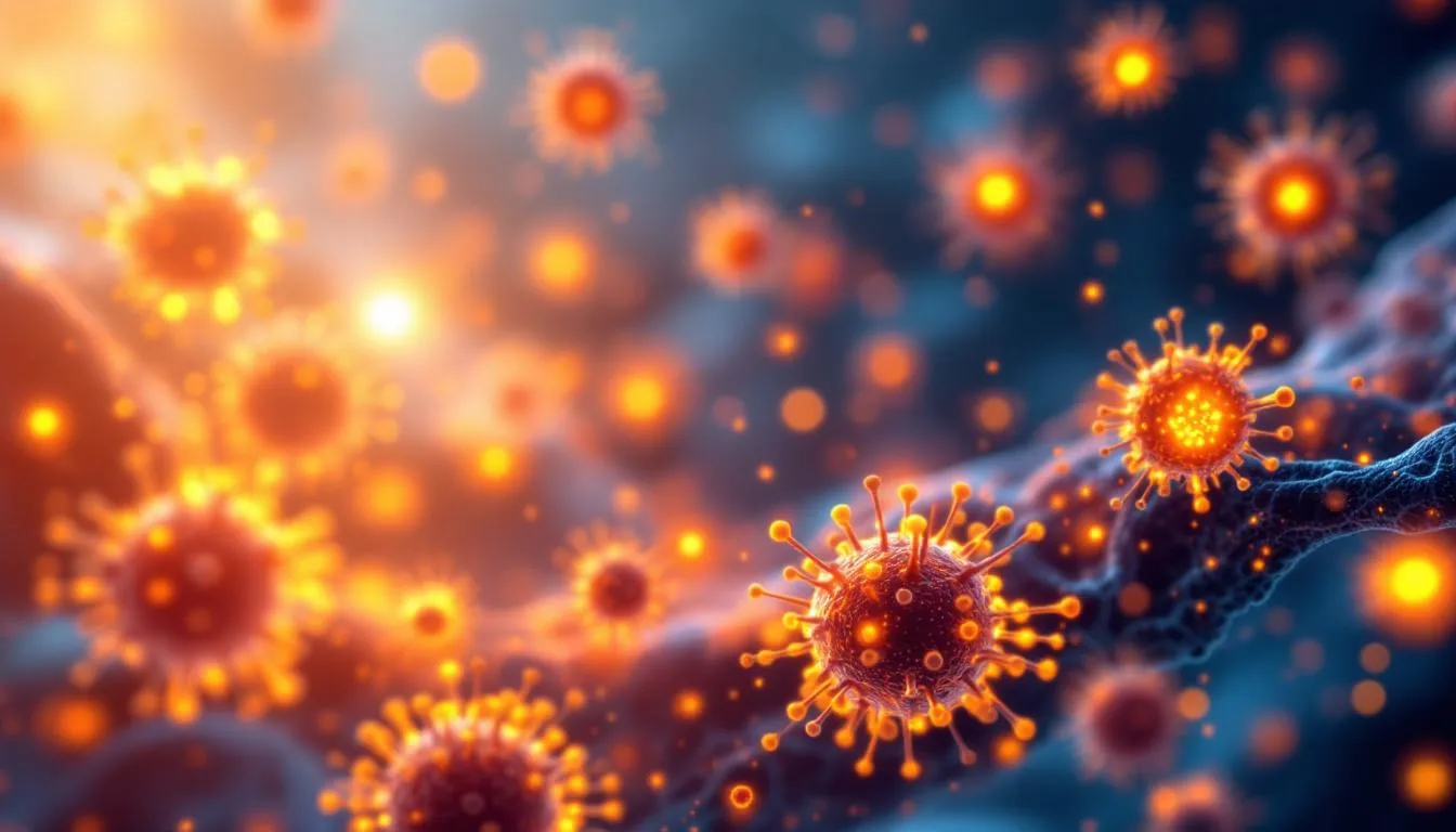 Scientific visualization of immune system cellular network with warm golden light