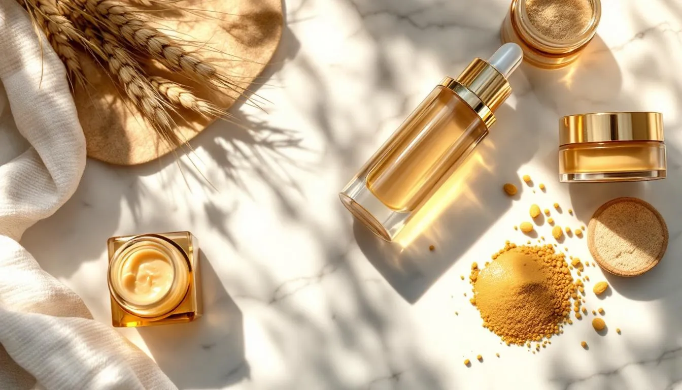 Luxury anti-aging skincare serums and creams arranged on a white marble surface